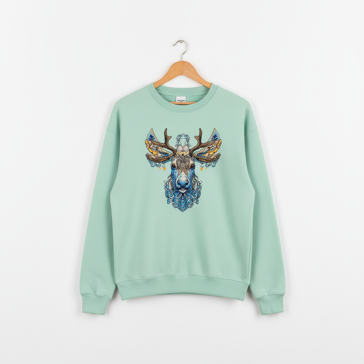 Ornate Blue Stag Machine Embroidered Sweatshirt – Hand Finished in Dubai | EmbroMania