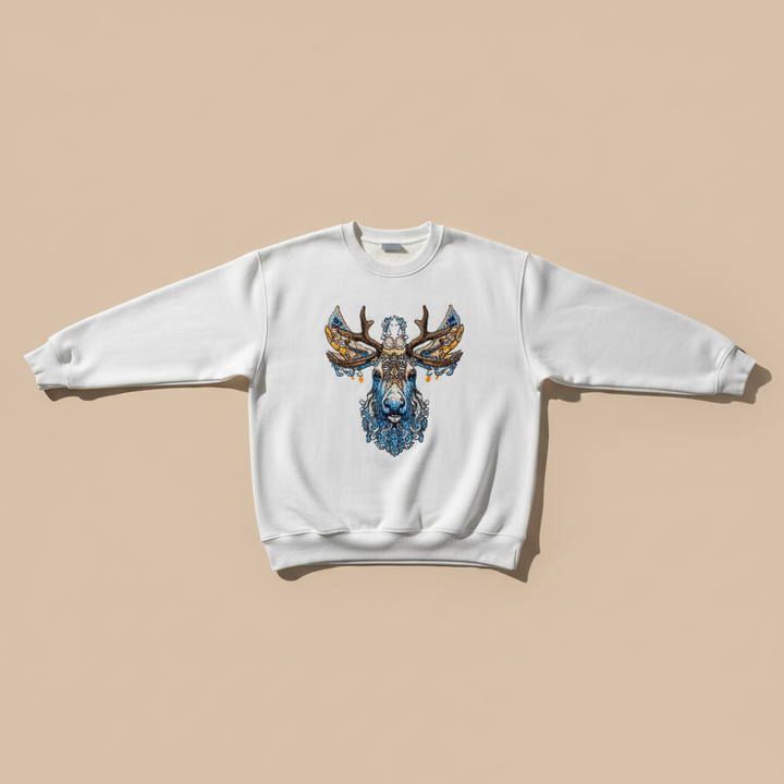 Ornate Blue Stag Machine Embroidered Sweatshirt – Hand Finished in Dubai | EmbroMania