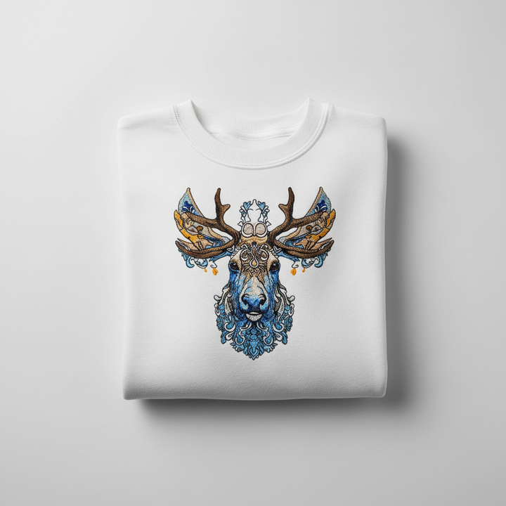 Ornate Blue Stag Machine Embroidered Sweatshirt – Hand Finished in Dubai | EmbroMania