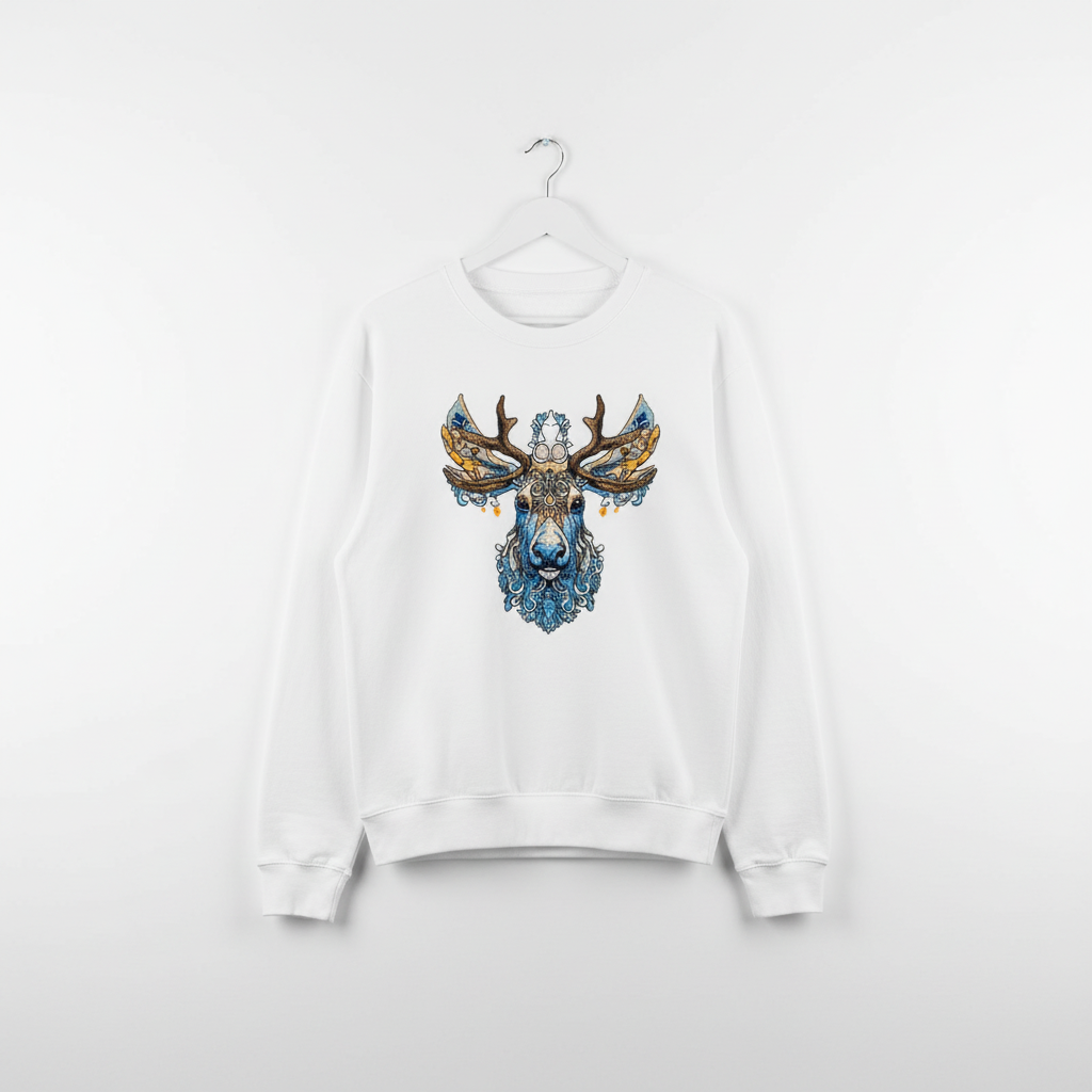 Ornate Blue Stag Machine Embroidered Sweatshirt – Hand Finished in Dubai | EmbroMania