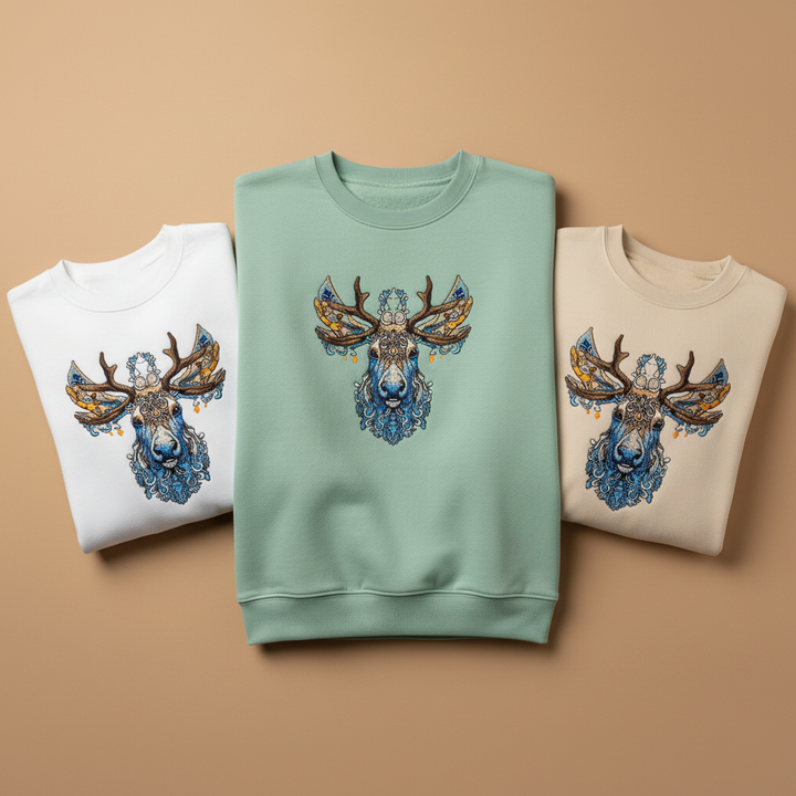 Ornate Blue Stag Machine Embroidered Sweatshirt – Hand Finished in Dubai | EmbroMania