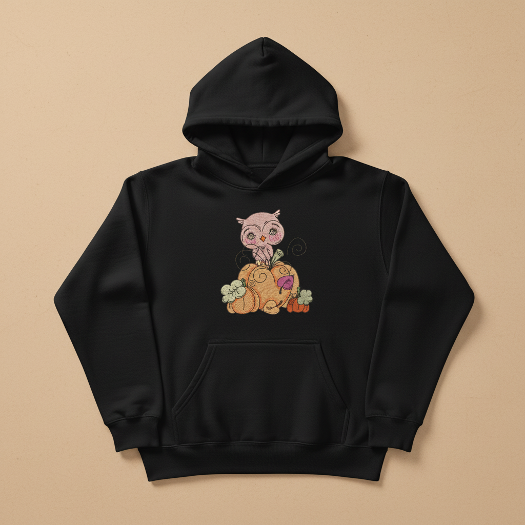 Owl on Pumpkin Machine Embroidered Sweatshirt – Hand Finished in Dubai | EmbroMania