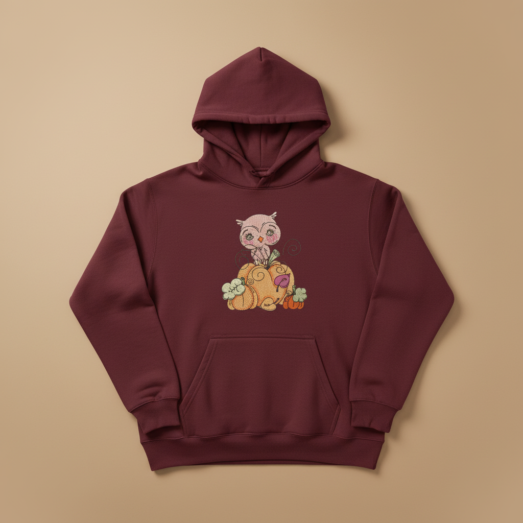 Owl on Pumpkin Machine Embroidered Sweatshirt – Hand Finished in Dubai | EmbroMania