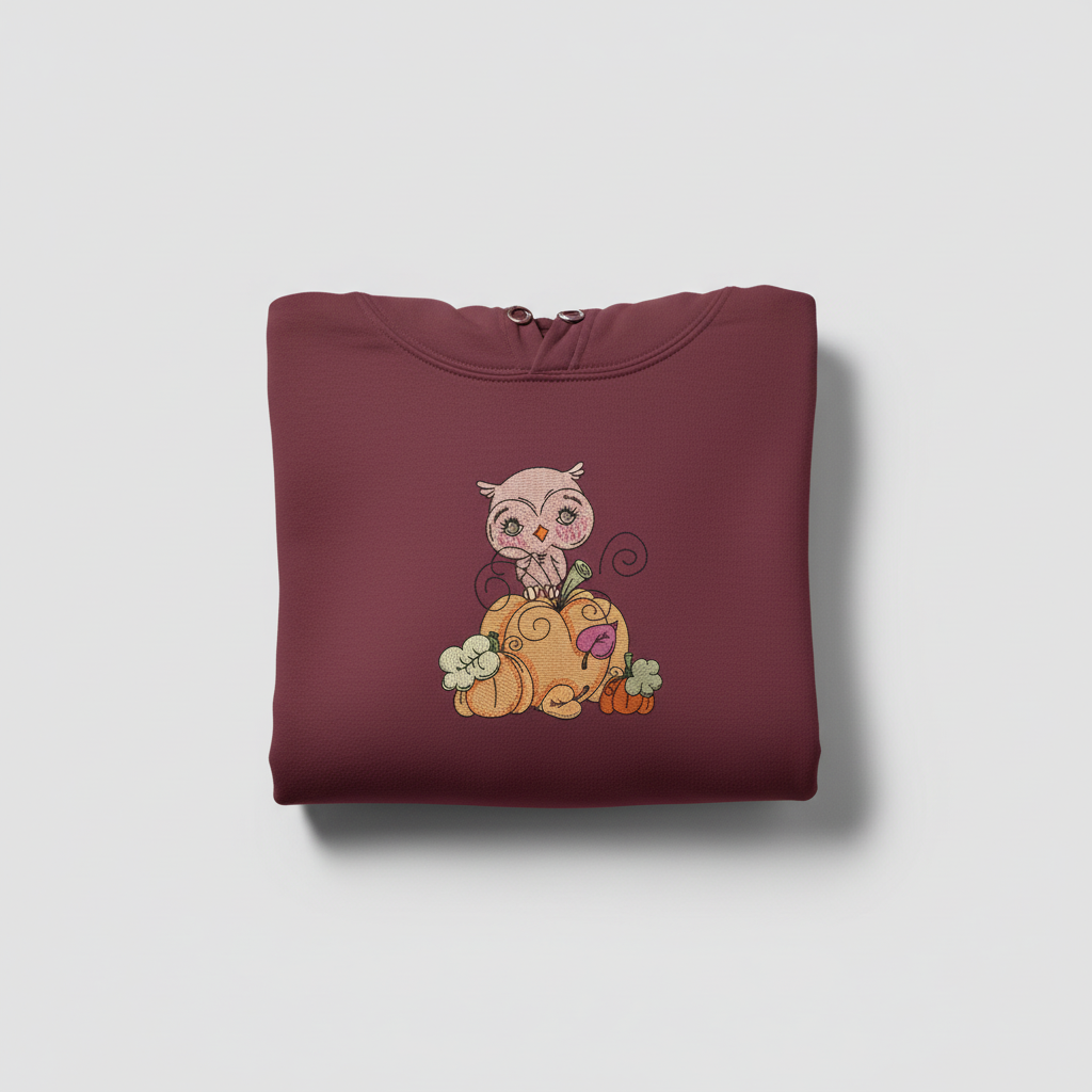 Owl on Pumpkin Machine Embroidered Sweatshirt – Hand Finished in Dubai | EmbroMania