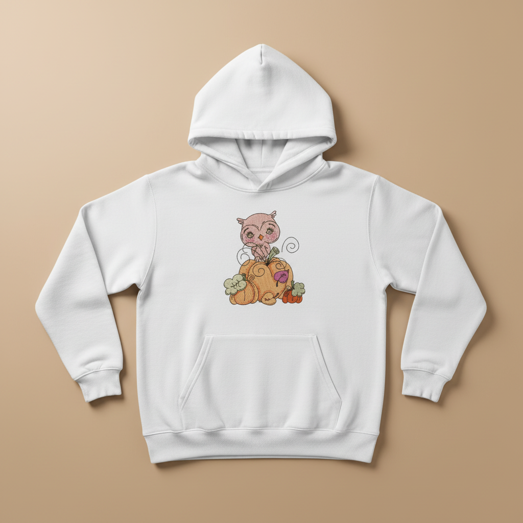 Owl on Pumpkin Machine Embroidered Sweatshirt – Hand Finished in Dubai | EmbroMania