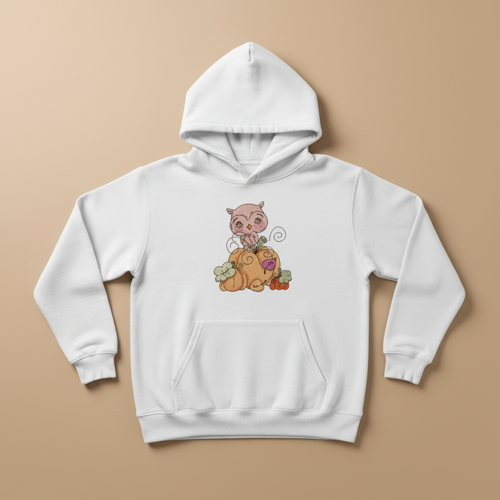 Owl on Pumpkin Machine Embroidered Sweatshirt – Hand Finished in Dubai | EmbroMania