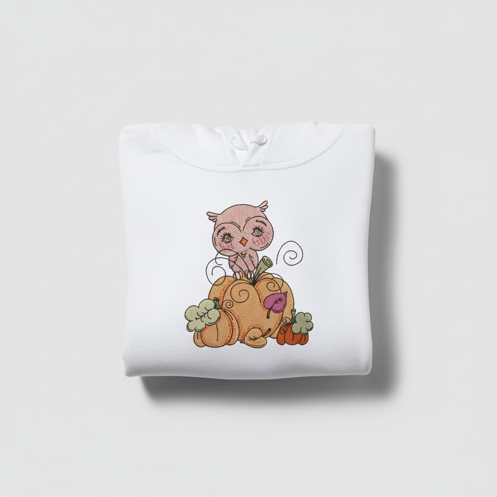 Owl on Pumpkin Machine Embroidered Sweatshirt – Hand Finished in Dubai | EmbroMania