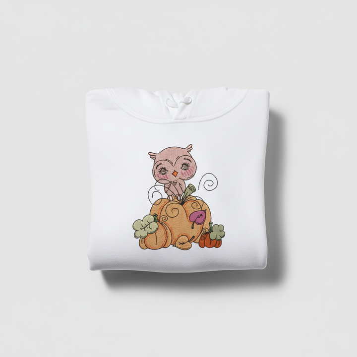 Owl on Pumpkin Machine Embroidered Sweatshirt – Hand Finished in Dubai | EmbroMania