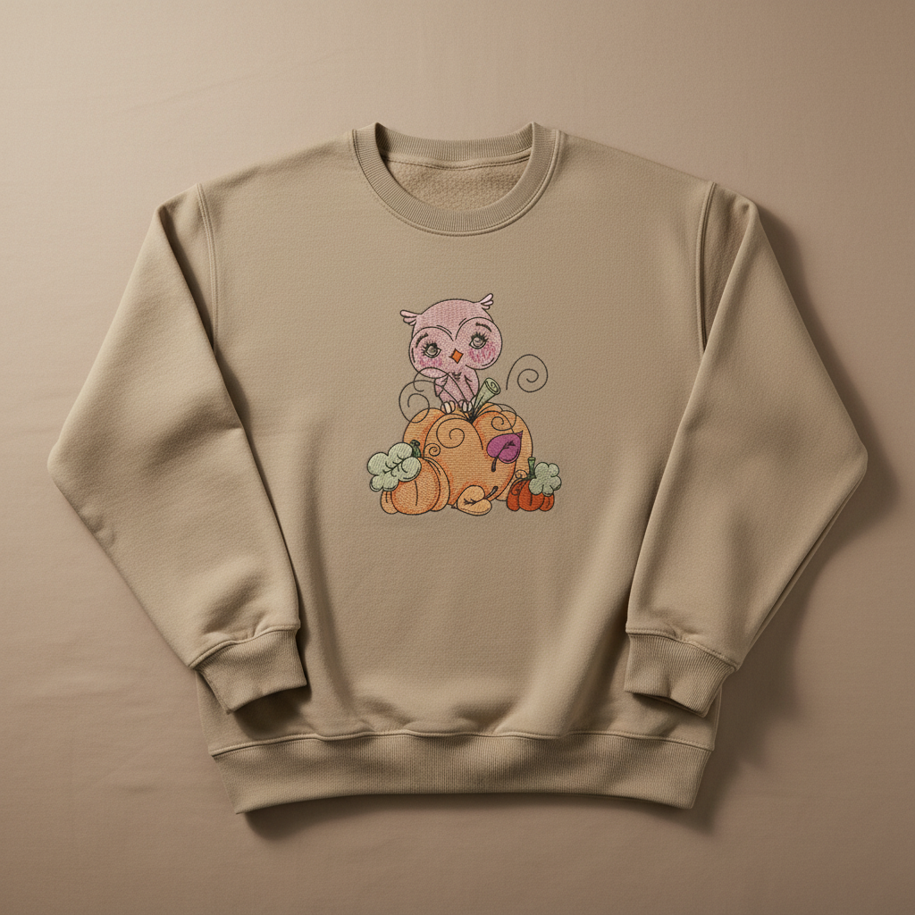 Owl on Pumpkin Machine Embroidered Sweatshirt – Hand Finished in Dubai | EmbroMania