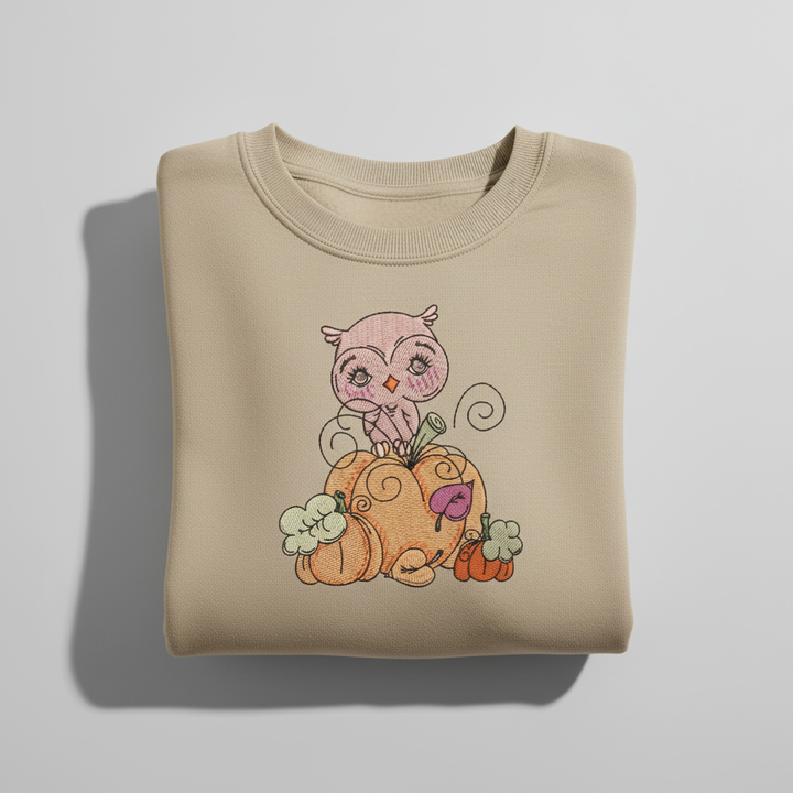 Owl on Pumpkin Machine Embroidered Sweatshirt – Hand Finished in Dubai | EmbroMania
