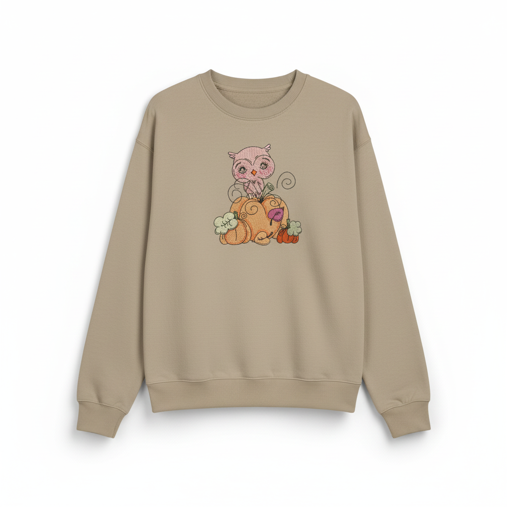 Owl on Pumpkin Machine Embroidered Sweatshirt – Hand Finished in Dubai | EmbroMania