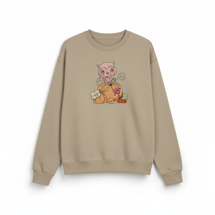 Owl on Pumpkin Machine Embroidered Sweatshirt – Hand Finished in Dubai | EmbroMania