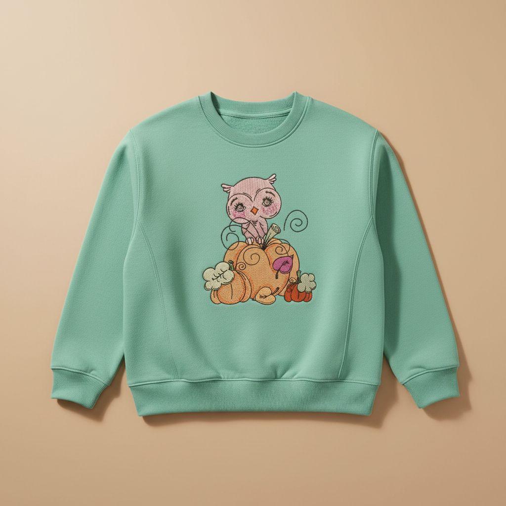 Owl on Pumpkin Machine Embroidered Sweatshirt – Hand Finished in Dubai | EmbroMania