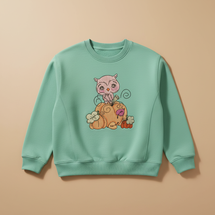 Owl on Pumpkin Machine Embroidered Sweatshirt – Hand Finished in Dubai | EmbroMania