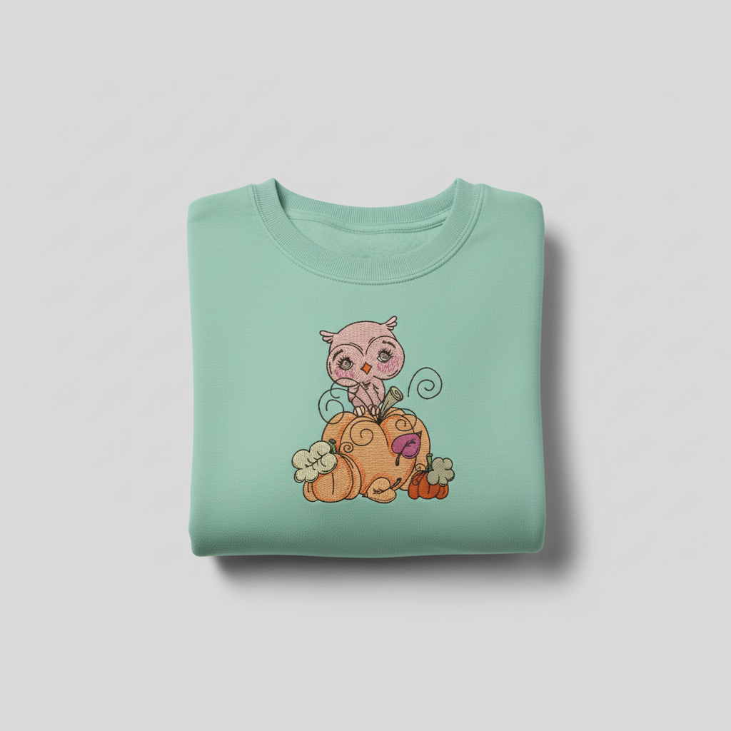 Owl on Pumpkin Machine Embroidered Sweatshirt – Hand Finished in Dubai | EmbroMania