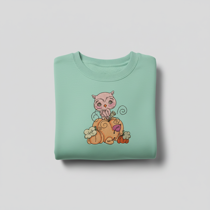 Owl on Pumpkin Machine Embroidered Sweatshirt – Hand Finished in Dubai | EmbroMania