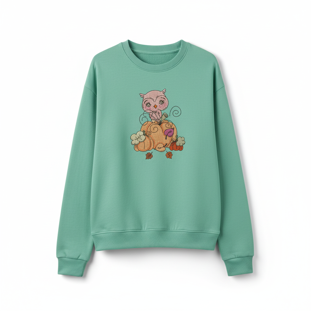 Owl on Pumpkin Machine Embroidered Sweatshirt – Hand Finished in Dubai | EmbroMania