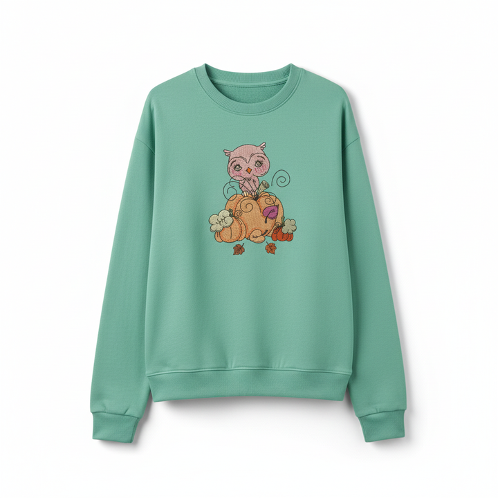 Owl on Pumpkin Machine Embroidered Sweatshirt – Hand Finished in Dubai | EmbroMania