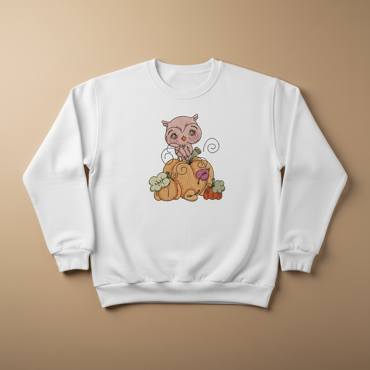 Owl on Pumpkin Machine Embroidered Sweatshirt – Hand Finished in Dubai | EmbroMania
