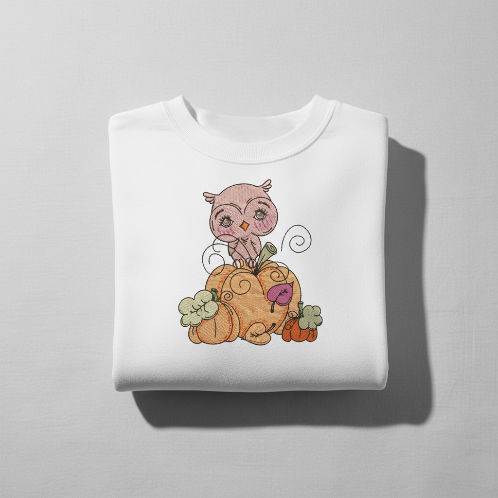 Owl on Pumpkin Machine Embroidered Sweatshirt – Hand Finished in Dubai | EmbroMania