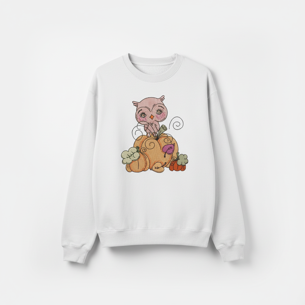 Owl on Pumpkin Machine Embroidered Sweatshirt – Hand Finished in Dubai | EmbroMania