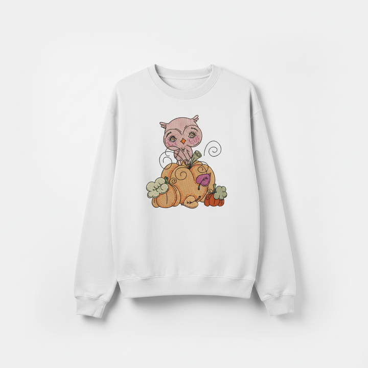 Owl on Pumpkin Machine Embroidered Sweatshirt – Hand Finished in Dubai | EmbroMania