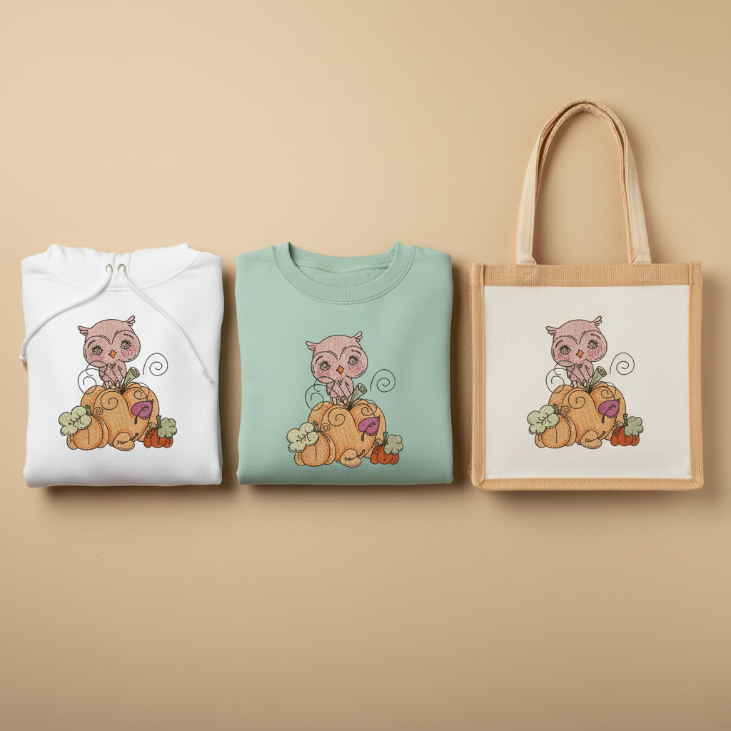 Owl on Pumpkin Machine Embroidered Sweatshirt – Hand Finished in Dubai | EmbroMania
