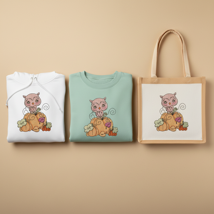 Owl on Pumpkin Machine Embroidered Sweatshirt – Hand Finished in Dubai | EmbroMania