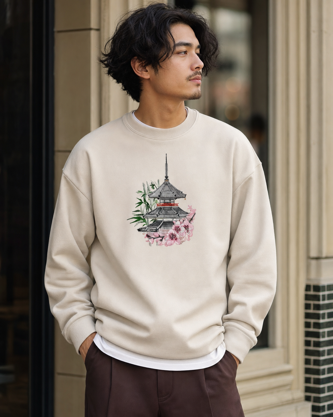 Zen Pagoda & Sakura Machine Embroidered Sweatshirt – Hand Finished in Dubai | EmbroMania
