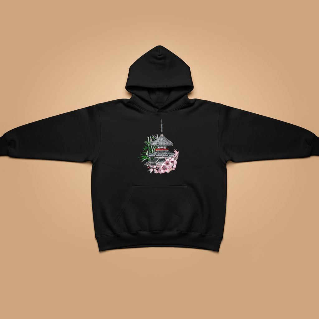 Japanese Pagoda Sakura Machine Embroidered Hoodie – Hand Finished in Dubai | EmbroMania