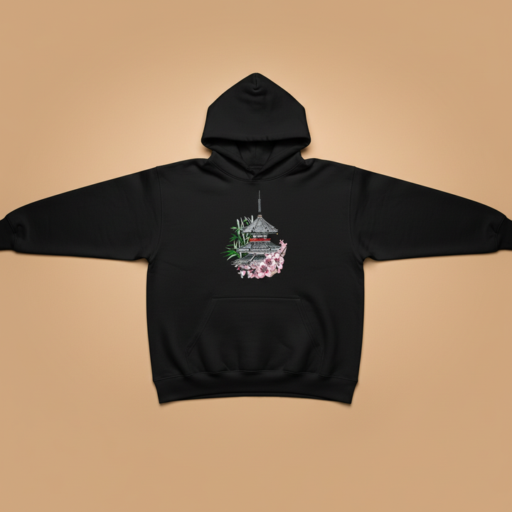 Japanese Pagoda Sakura Machine Embroidered Hoodie – Hand Finished in Dubai | EmbroMania