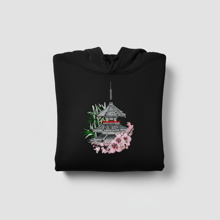 Japanese Pagoda Sakura Machine Embroidered Hoodie – Hand Finished in Dubai | EmbroMania