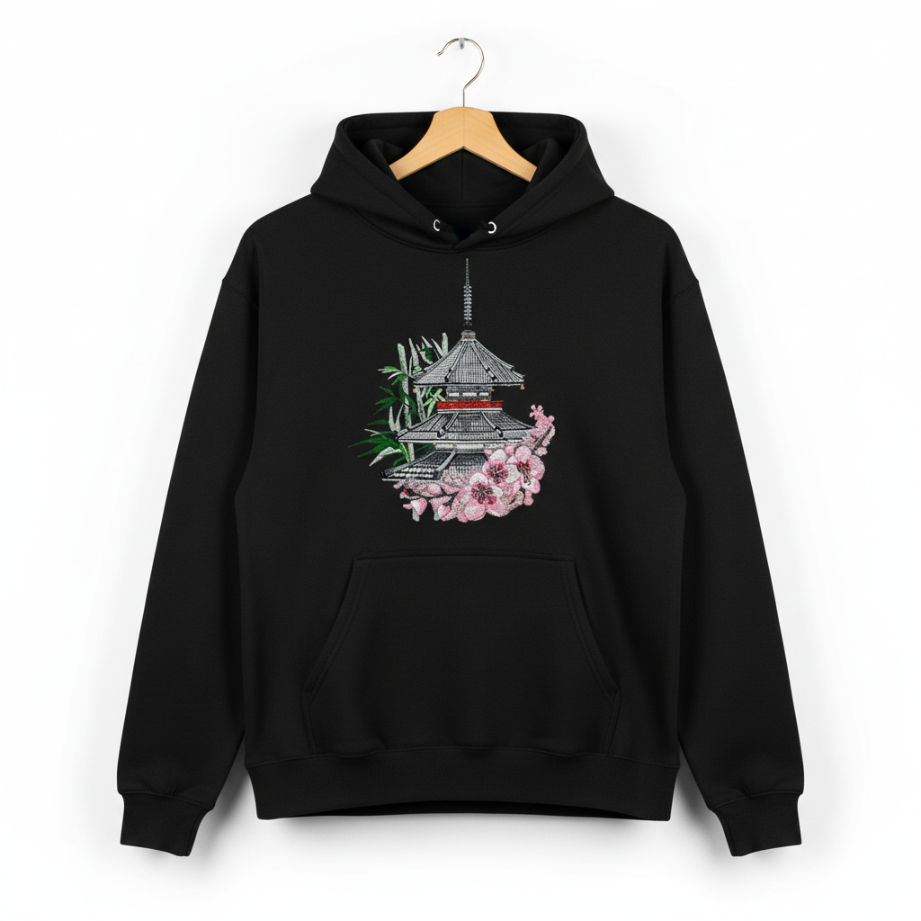 Japanese Pagoda Sakura Machine Embroidered Hoodie – Hand Finished in Dubai | EmbroMania