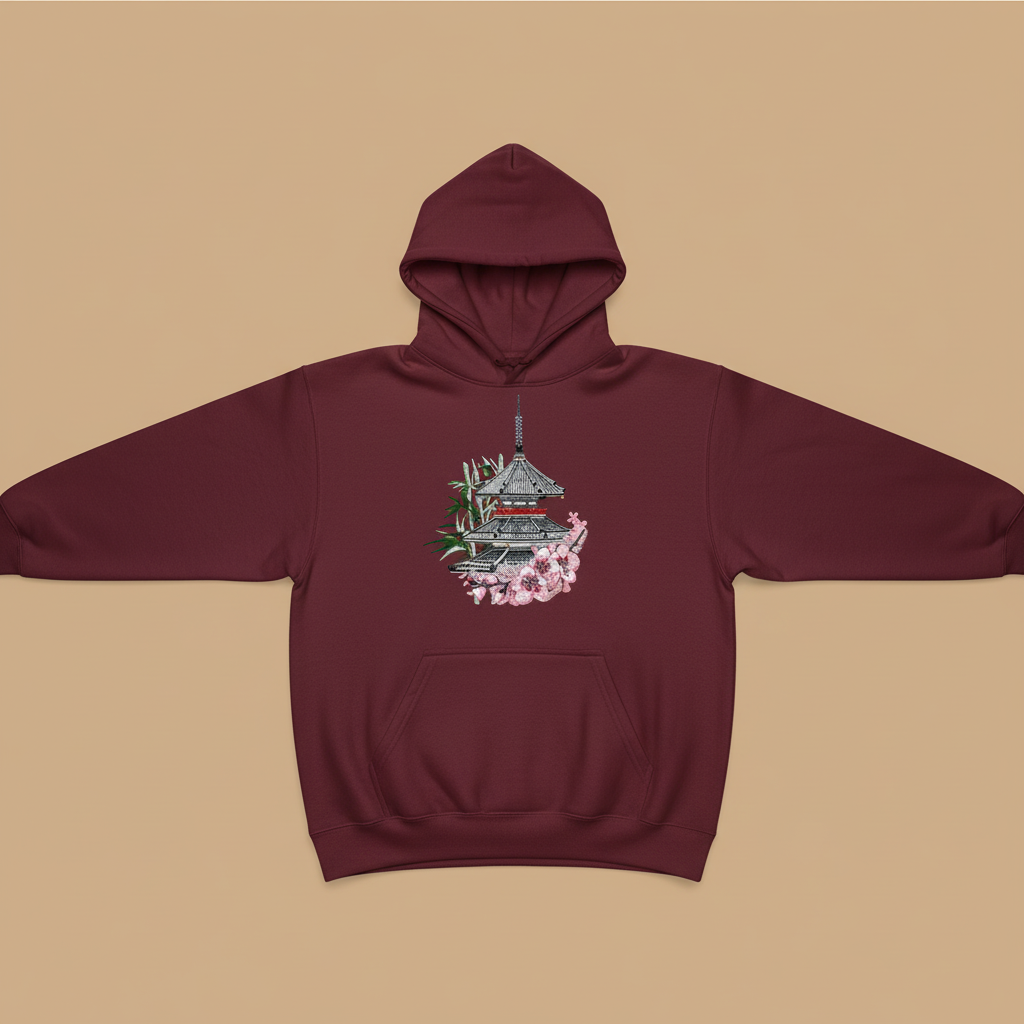 Japanese Pagoda Sakura Machine Embroidered Hoodie – Hand Finished in Dubai | EmbroMania