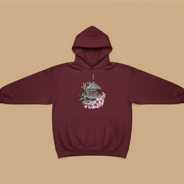 Japanese Pagoda Sakura Machine Embroidered Hoodie – Hand Finished in Dubai | EmbroMania