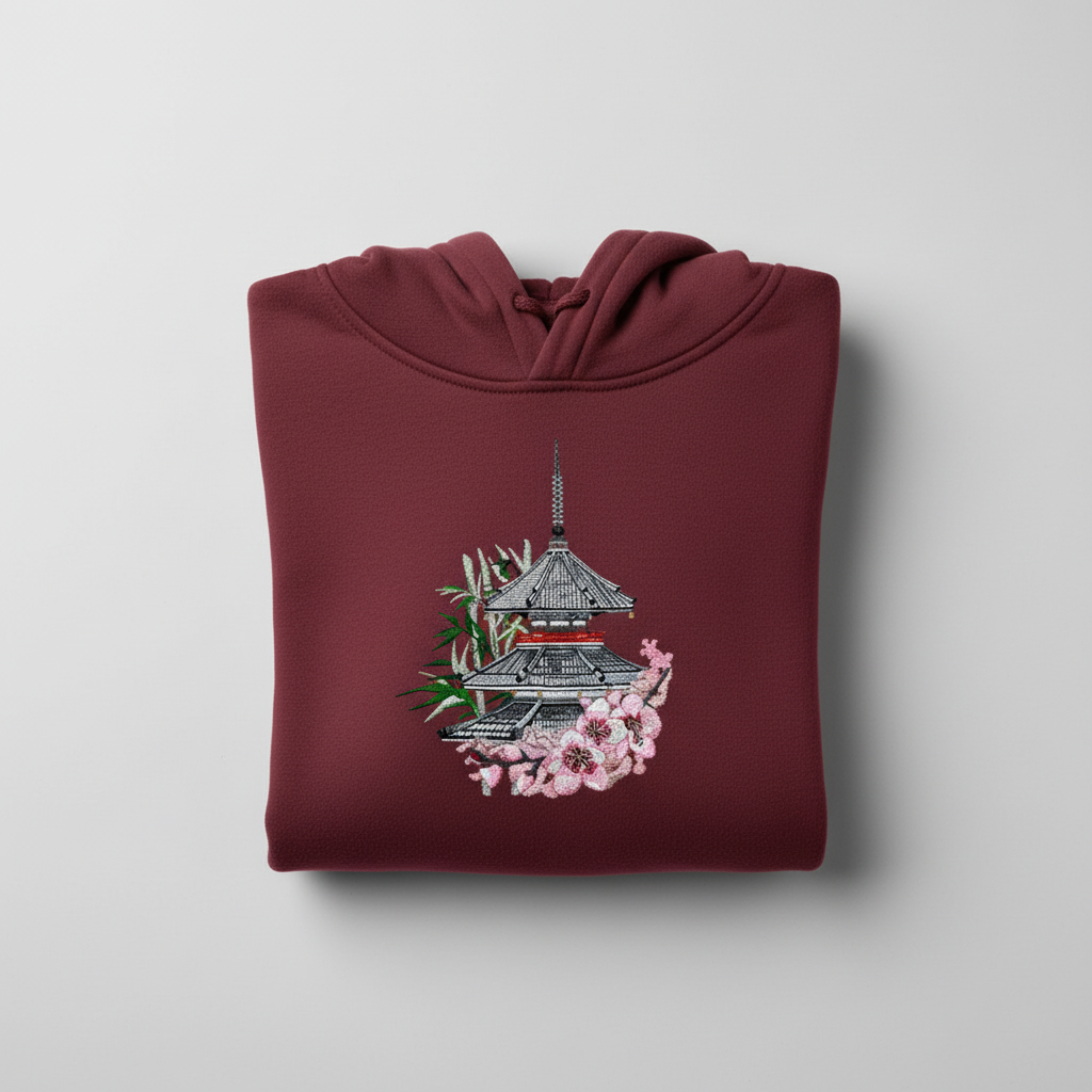 Japanese Pagoda Sakura Machine Embroidered Hoodie – Hand Finished in Dubai | EmbroMania