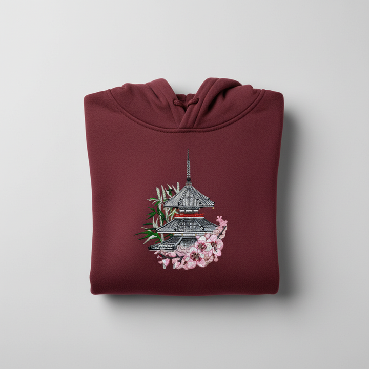 Japanese Pagoda Sakura Machine Embroidered Hoodie – Hand Finished in Dubai | EmbroMania