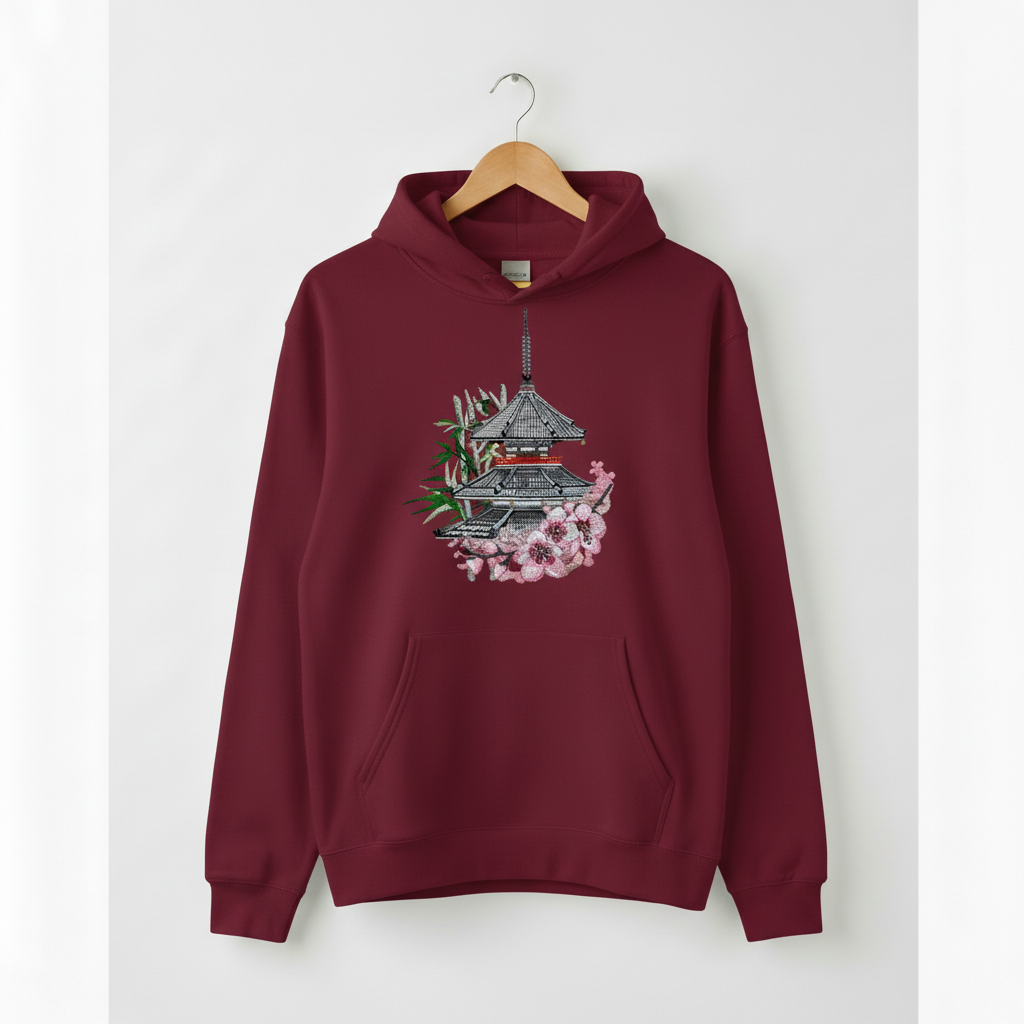Japanese Pagoda Sakura Machine Embroidered Hoodie – Hand Finished in Dubai | EmbroMania