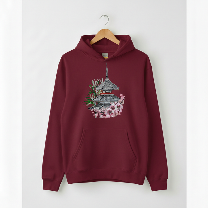 Japanese Pagoda Sakura Machine Embroidered Hoodie – Hand Finished in Dubai | EmbroMania