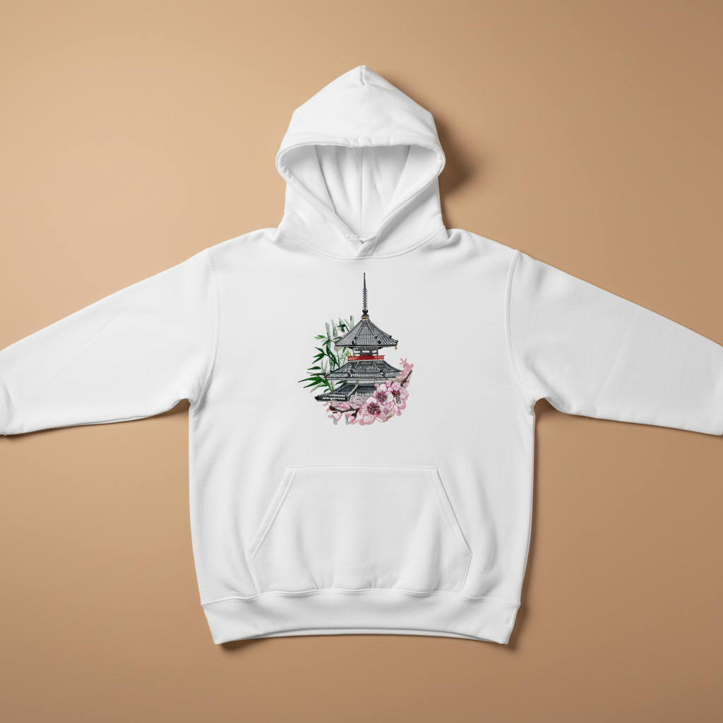 Japanese Pagoda Sakura — Embroidered Hoodie