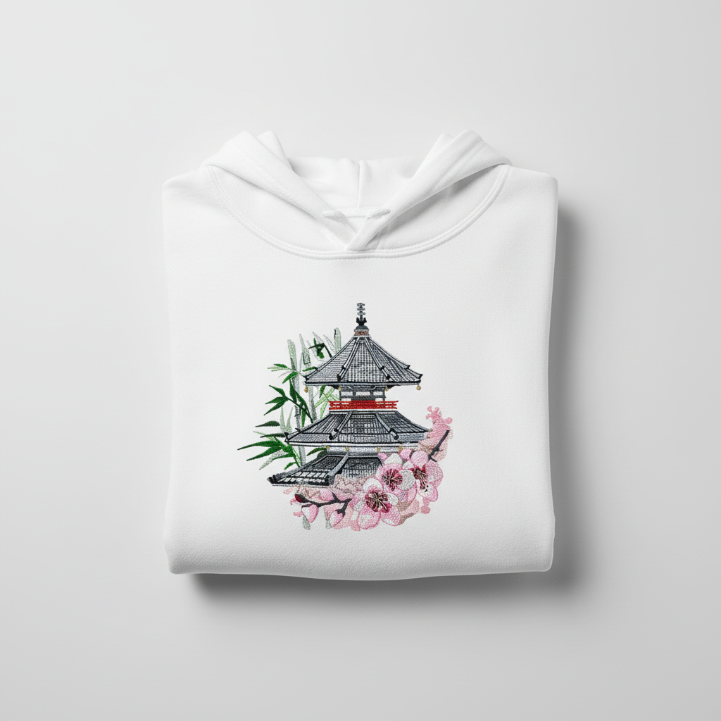 Japanese Pagoda Sakura Machine Embroidered Hoodie – Hand Finished in Dubai | EmbroMania
