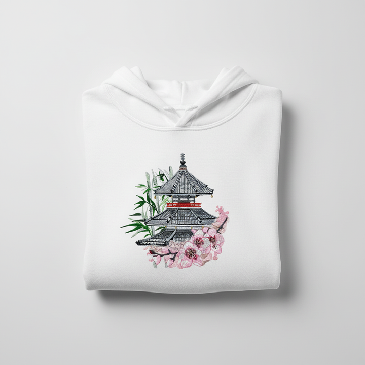 Japanese Pagoda Sakura Machine Embroidered Hoodie – Hand Finished in Dubai | EmbroMania