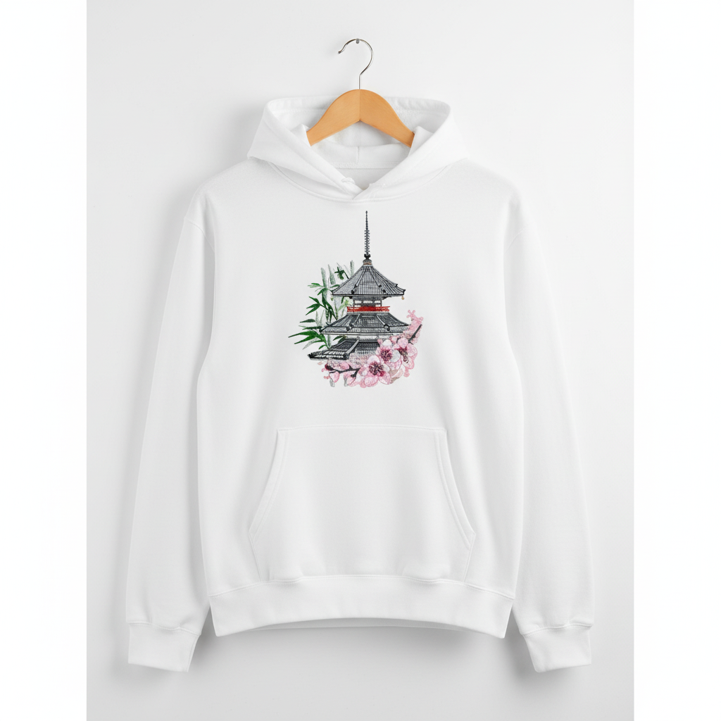 Japanese Pagoda Sakura Machine Embroidered Hoodie – Hand Finished in Dubai | EmbroMania