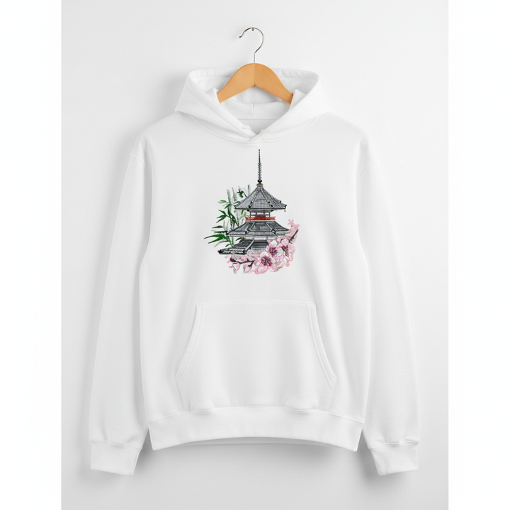 Japanese Pagoda Sakura Machine Embroidered Hoodie – Hand Finished in Dubai | EmbroMania