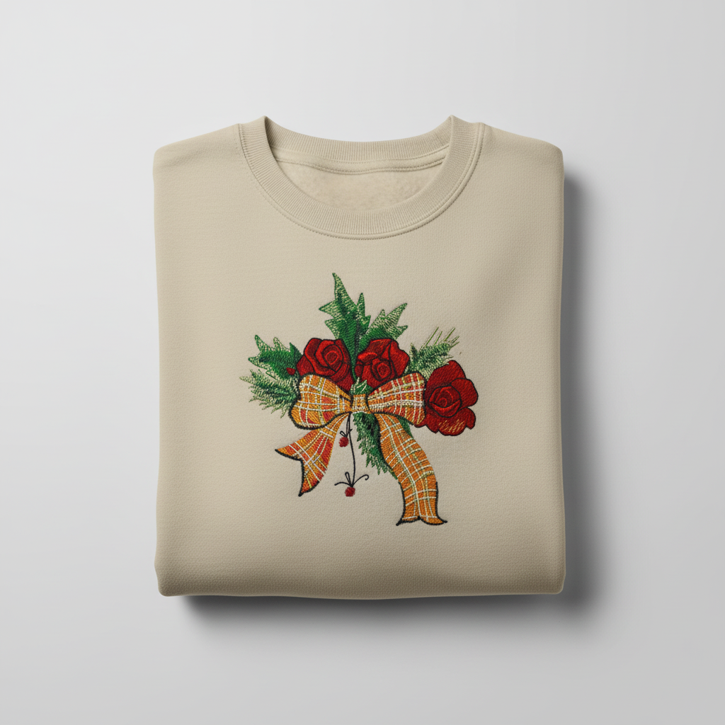 Plaid Ribbon &amp; Pine Sprigs Machine Embroidered Sweatshirt – Hand Finished in Dubai | EmbroMania