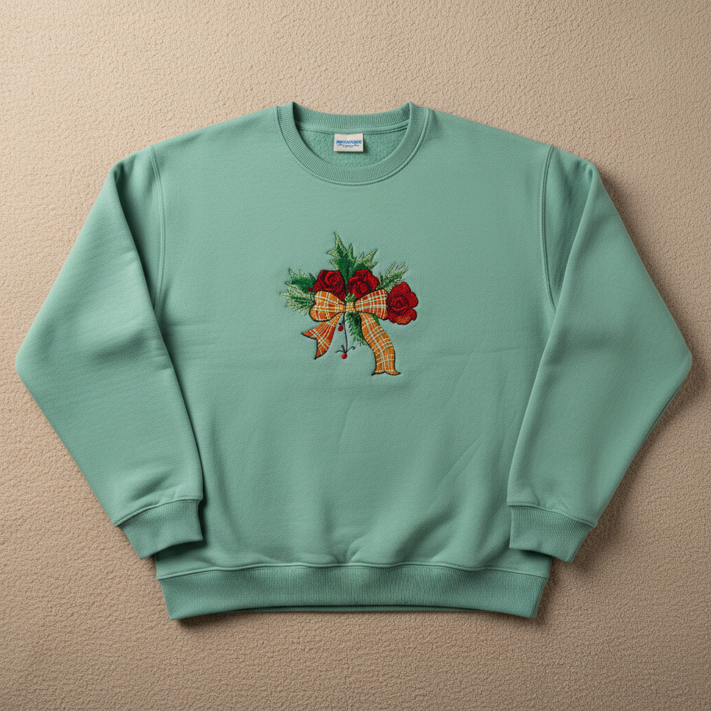 Plaid Ribbon &amp; Pine Sprigs Machine Embroidered Sweatshirt – Hand Finished in Dubai | EmbroMania