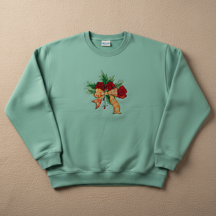 Plaid Ribbon &amp; Pine Sprigs Machine Embroidered Sweatshirt – Hand Finished in Dubai | EmbroMania