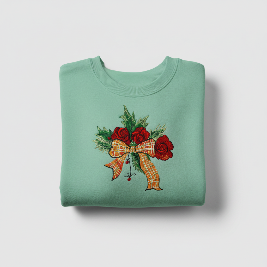 Plaid Ribbon &amp; Pine Sprigs Machine Embroidered Sweatshirt – Hand Finished in Dubai | EmbroMania