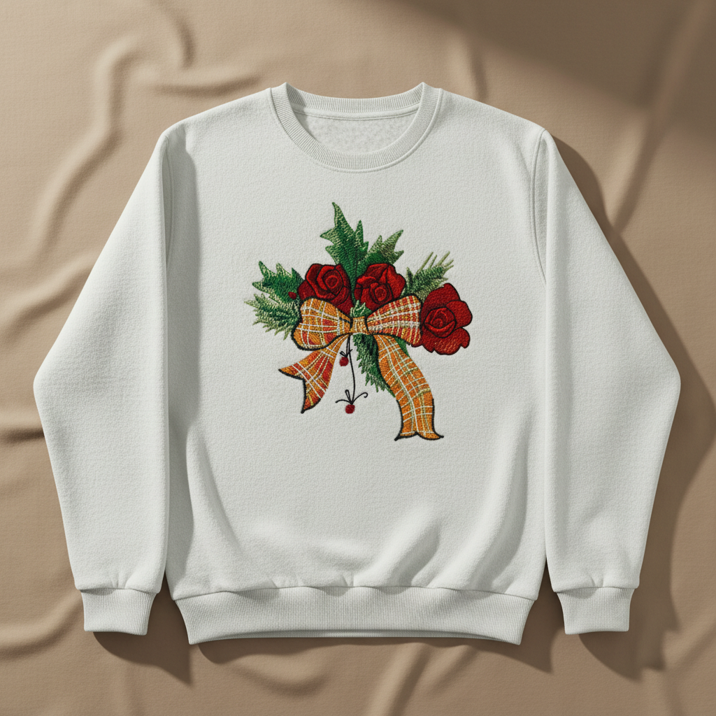 Plaid Ribbon &amp; Pine Sprigs Machine Embroidered Sweatshirt – Hand Finished in Dubai | EmbroMania