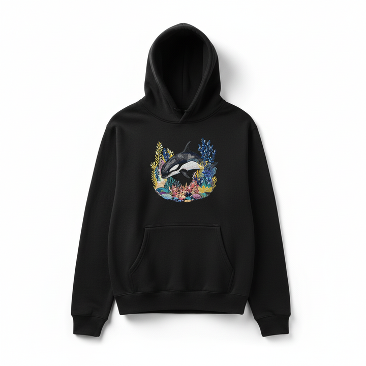Playful Orca Coral — Embroidered Hoodie